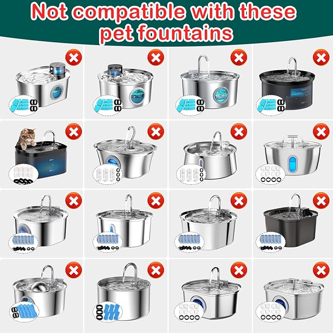 Cat Water Fountain Filters,16 Pack Cat Fountain Replacement Filters for Stainless Steel 67oz/2L Adjustable Water Flow Pet Water Fountain,Dog Water Fountain (8+8 Pack)
