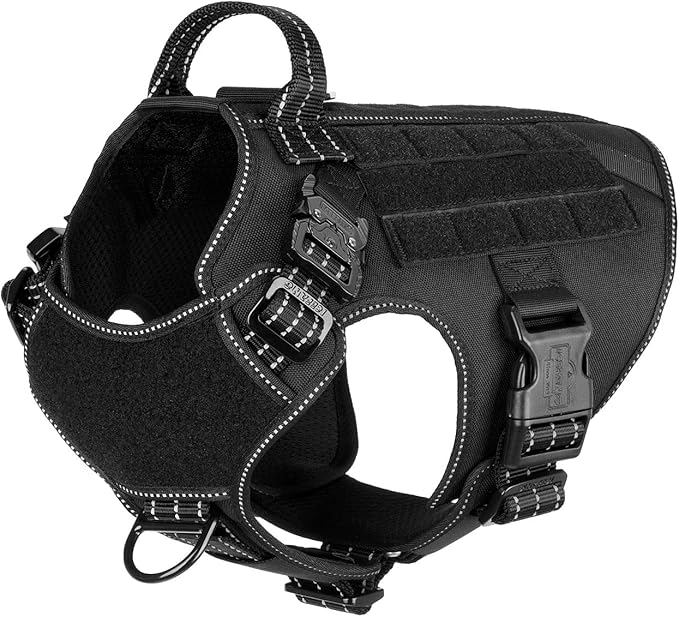 ICEFANG Tactical Dog Harness, Medium Size,2X Metal Buckle,Working Dog MOLLE Vest with Handle,No Pulling Front Leash Clip,Hook and Loop Panel (Black,M (Pack of 1))