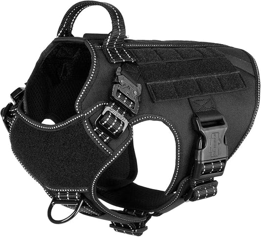 ICEFANG Tactical Dog Harness, Medium Size,2X Metal Buckle,Working Dog MOLLE Vest with Handle,No Pulling Front Leash Clip,Hook and Loop Panel (Black,M (Pack of 1))