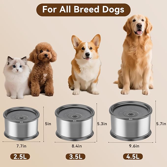 2PCS 2.5L No Spill Dog Water Bowl 84oz Stainless Steel Slow Water Bowl for Small Medium Dogs Splash Proof Pet Bowl with Anti-Slip Mat for Sloppy Messy Drinkers and Cats