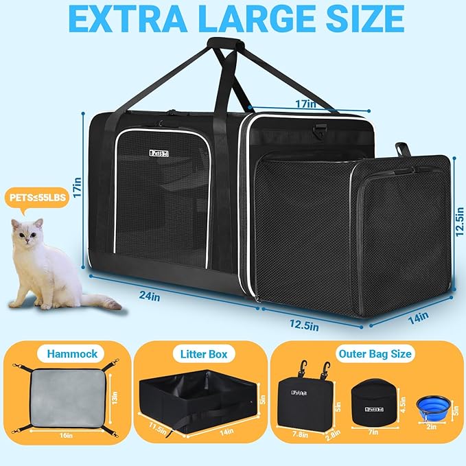 Petskd Side Expandable Extra Large Cat Carrier with Litter Box Area, 24"x17"x17" Soft-Sided Pet Carrier for 2 Cats Under 55 lbs with Zipper Locks for Car Travel(Black)