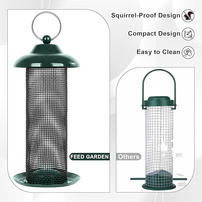 FEED GARDEN 2 Pack Bird Feeders for Outdoors Hanging Finch Feeder for Nyjer Thistle Seed Metal Mesh Tube Feeders Squirrel Proof 0.5 LB Green