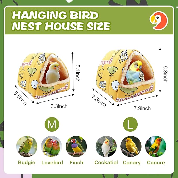 SUSOO Plush Warm Bird Nest House - Hanging Snuggle Bed Velvet Shed Hut Cage Fluffy Hideaway Winter Sleeping Hammock for Parrot Parakeet Conure Cockatiel Budgies Lovebird (Yellow, M)