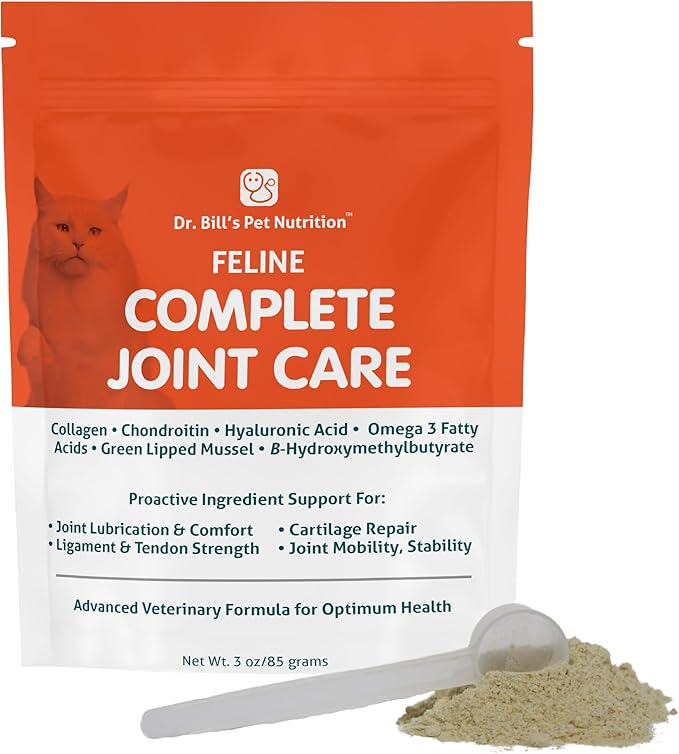 Dr. Bill’s Feline Complete Joint Care | Advanced Hip & Joint Supplement for Cats | Green Lipped Mussel Extract, Collagen Type II, Chondroitin, Hyaluronic Acid, Omega 3 and Colostrum | Powder, 85g