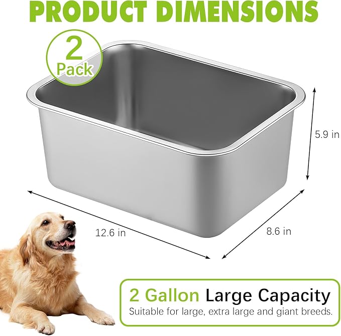 Fhiny 2 PCS Stainless Steel Dog Bowl, 2 Gallon Capacity Durable Metal Water Dish for Large Dogs, Indoor/Outdoor, Dishwasher Safe