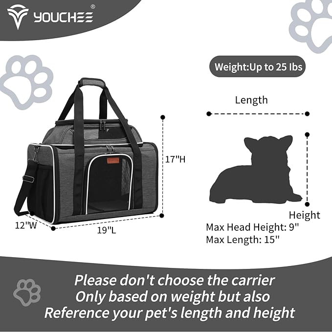 19" L x 12" W x 17" H Inches Cat, Dog Carrier for Pets Up to 25 Ibs, Washable，Soft Sided，Collapsible Travel Puppy Carrier. (Grey)