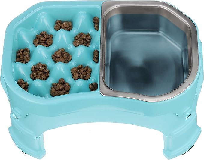 Neater Pet Brands – Neater Raised Slow Feeder Dog Bowl – Elevated and Adjustable Food Height - (Double Diner/w Metal Bowl, Aquamarine)
