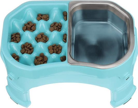 Neater Pet Brands – Neater Raised Slow Feeder Dog Bowl – Elevated and Adjustable Food Height - (Double Diner/w Metal Bowl, Aquamarine)