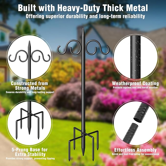 Double Shepherds Hooks for Outdoor, 108 Inch Heavy Duty Bird Feeder Pole with 5 Prongs Base, Adjustable Shepherds Hook for Bird Feeder, Garden, Weddings, Hanging Plant, 2 Pack
