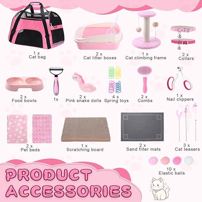 Eccliy 35 Pcs Kitten Starter Kit for 2 Indoor Kittens Essentials Including Carriers, Litter Boxes, Mats, Collars, Beds, Scratch Pad, Bowls, Toys Accessories Cat Welcome Gift Foster Adopt Supplies