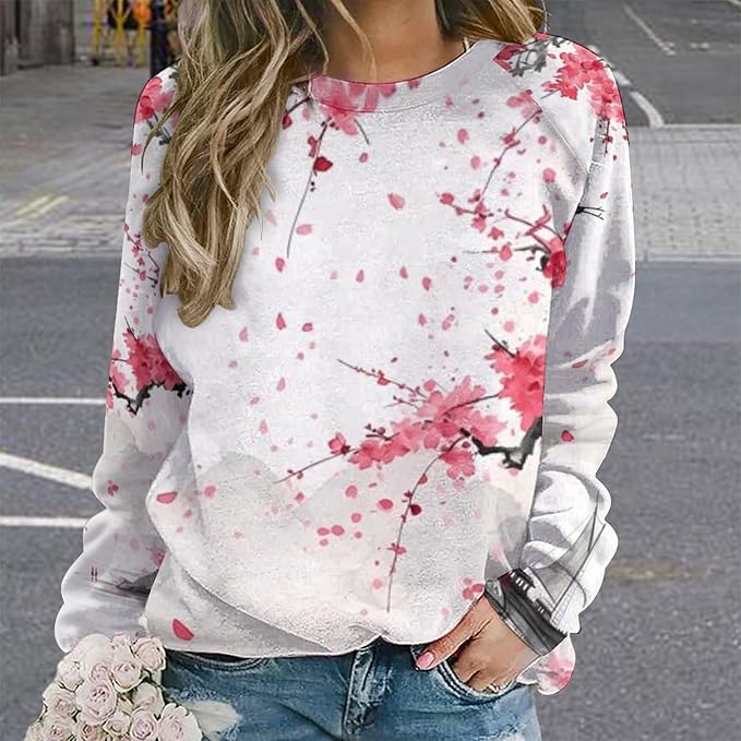 Womens Long Sleeve Tops Y2k Japanese Art Print Sweatshirts Fall Pullover for Women Crewneck Vintage Shirts Boho Tops