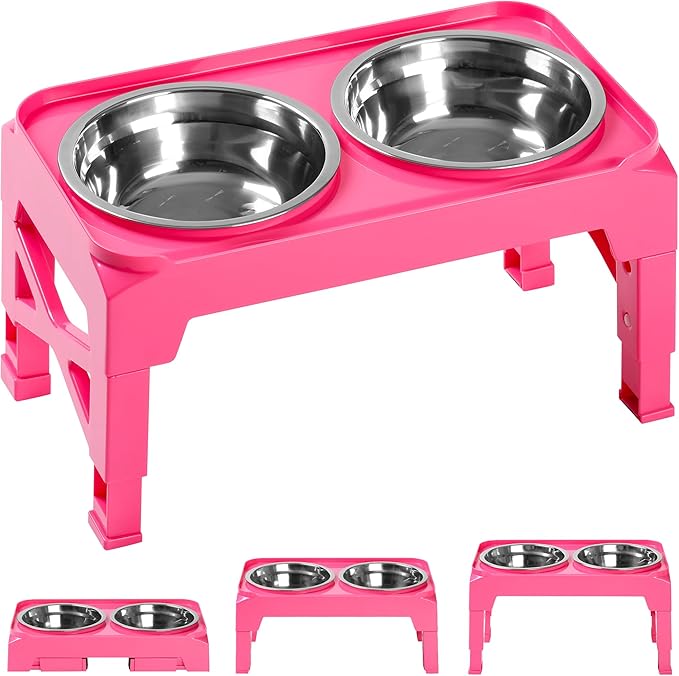 Hubulk Elevated Dog Bowls with 2 Stainless Steel Dog Food & Water Raised Bowls with No Spill Edge Non-Slip Stand Adjusts to 3 Heights(2.75", 6.0", 7.5") for Small Medium Dogs and Pet