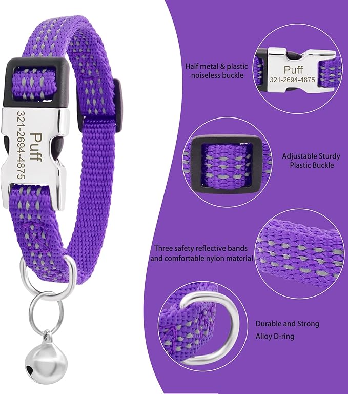 Personalized Reflective Nylon Cat Collar with Name Phone,Custom Engraved Buckle Cat Collar with Bell,Adjustable for Small Dogs Puppy Kitten (Purple,fit 7.5''-12.0'')
