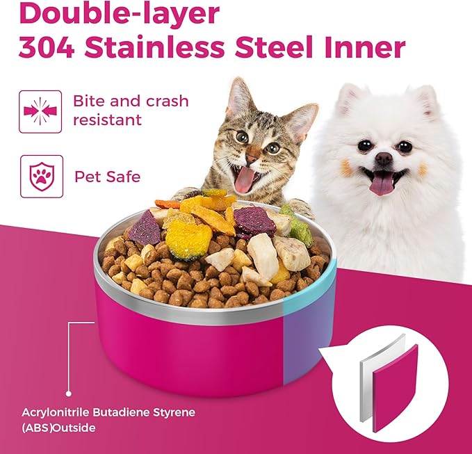 LIHONG Stainless Steel Dog Bowls for Large Dogs,Dog Food Water Bowls with Non Slip Rubber Bottom,Pet Feeding Bowl,Double Wall Insulated,Rustproof(64oz,Pitaya Pink)