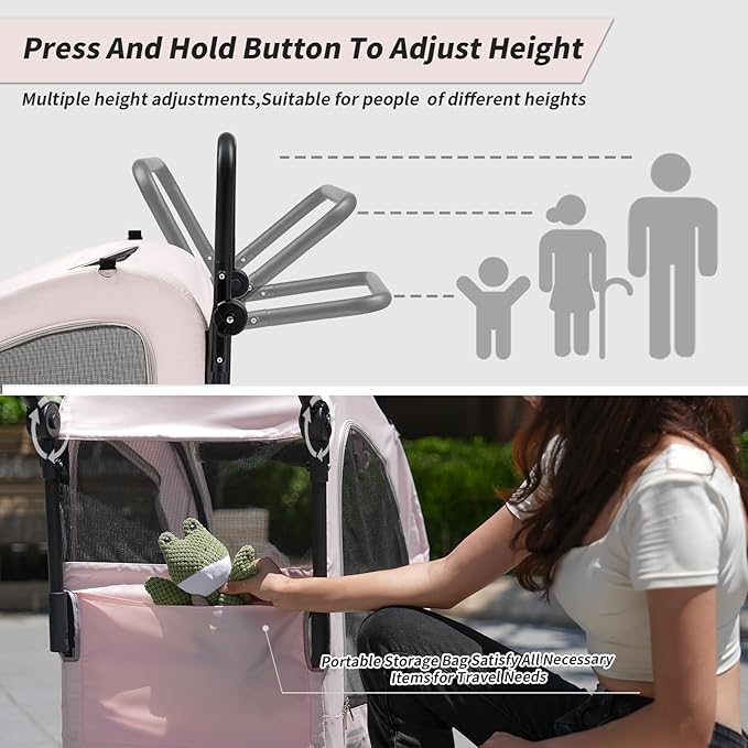 EchoSmile 4 Wheels Pet Stroller, Foldable Dog & Cat Stroller for All-Season, Lightweight Carrier with Storage Basket, Adjustable Handle, Removable Pad, Breathable Mesh, Up to 135 lbs, Pink