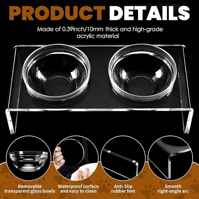 Acrylic Elevated Dog Cat Bowls Pet Feeder Double Bowl Raised Stand Comes with 2 Removable Glass Bowls and 2 Stainless Steel Bowls.Perfect for Large Dogs, 7.2" Tall