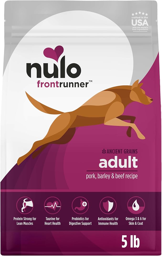 Nulo Frontrunner Ancient Grains High-Protein Dog Food, Pork, Barley, & Beef Recipe- Natural Dry Dog Food with Probiotics, Grain-Inclusive Kibble for Adult Dogs, 5 lb Bag