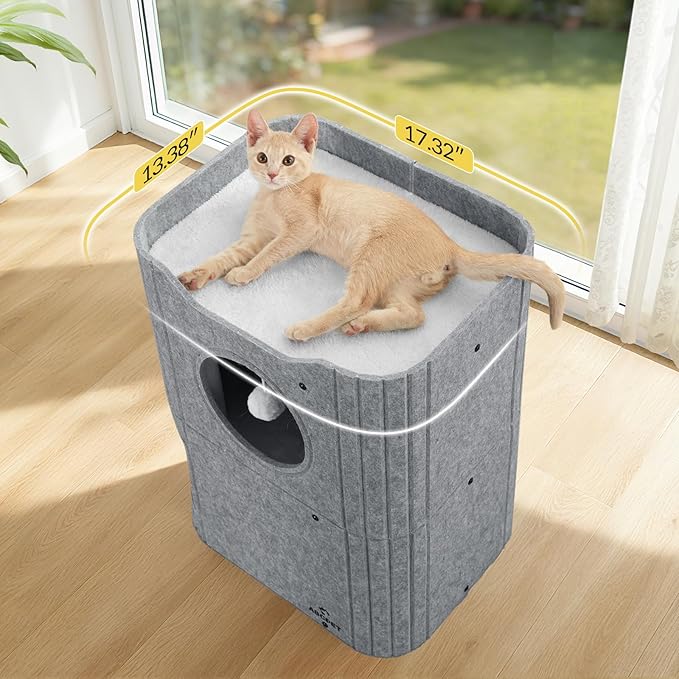 Cat House for Indoor Cats Large Cat Bed Cave 2-Storey Cats Condo with Cozy Felt Covered Hideaway for Multiple Pets Gray
