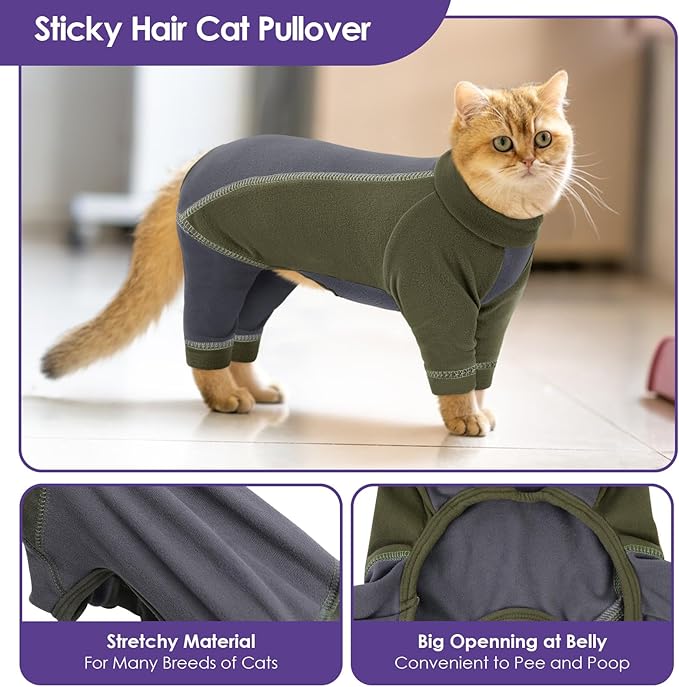 SUNFURA Hair Sticky Cat Clothes, Cat Sweater for Cats Only, 4-Legged Fleece Sweaters Kitten Pajamas Reduce Shedding Fur, Warm Pullover Shirts for Cats, Army Green S