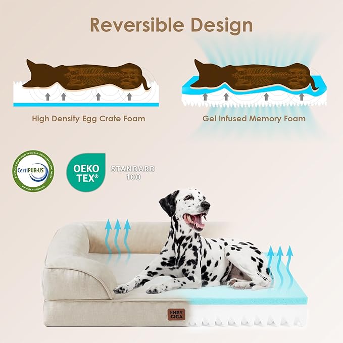 EHEYCIGA Orthopedic Dog Beds for Large Dogs, Waterproof Memory Foam Large Dog Bed with Sides, Non-Slip Bottom and Egg-Crate Foam Pet Couch Bed with Washable Removable Cover, Beige