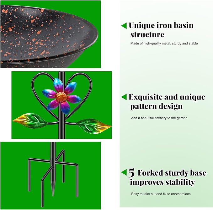 Vintage Metal Bird Bath for Outside, Standing Bird Feerder with Sunflower Love Decoration, Detachable Birdbaths Bowl for Outdoor Yard Lawn Garden Decor (A-Brown)