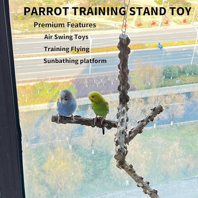 FlidRunest Bird Perch, Hanging Bird Tree Ceiling Perch Swing Toy, Natural Pepper Wood Bird Training Toy for Parrot Parakeet Cockatiel Conure Small-Medium Birds