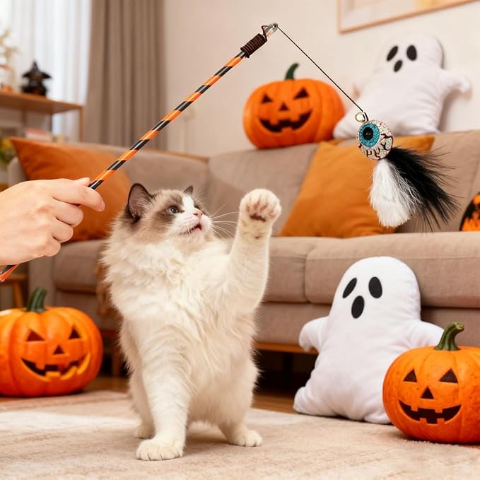 Walfront 4PCS Halloween Cat Toys, Wand Teaser Toys with Bells, Pumpkin, Ghost, Eyeball and Skull, Kitten Interactive Toys, Plush Kitten Plaything Gift Set