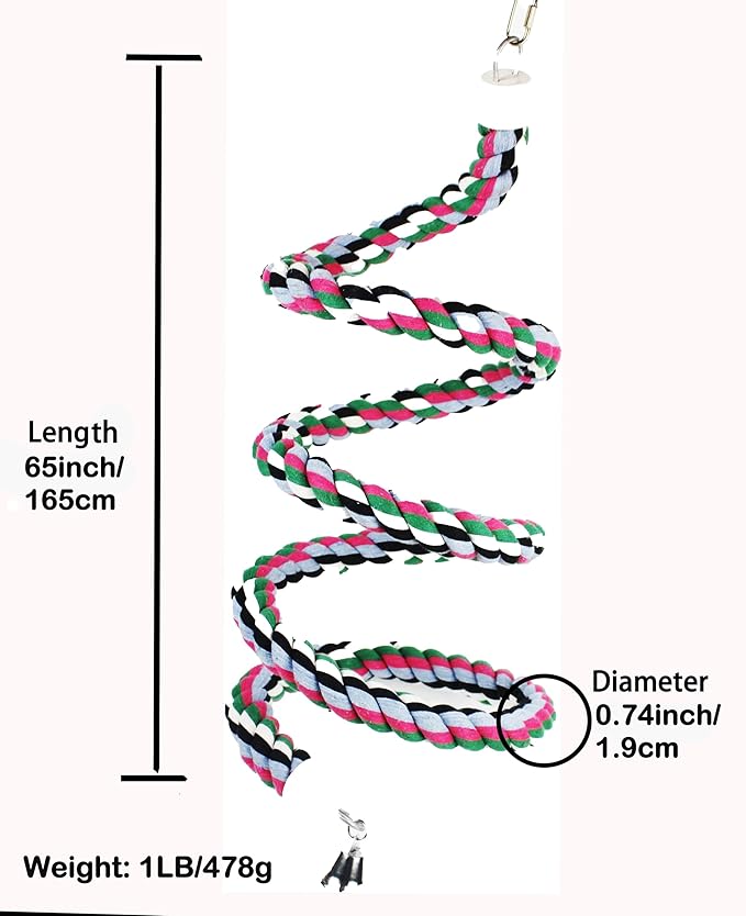 65 inch Length Colorful Cotton Bendable Rope Perch Swing Bird Chew Toys Amazon Parrots Cage Toys with Bell Swing Climbing Standing Bungee Bird Toys for Large to Regular Birds