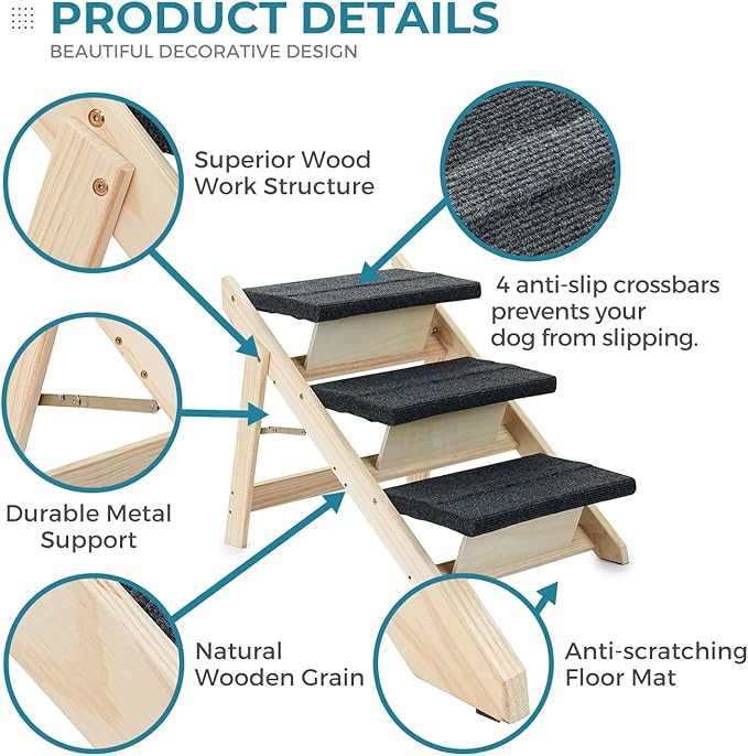 Wood Pet Stairs/Pet Steps for All Dogs and Cats - 2-in-1 Foldable Carpeted 3 Tiers Dog Stairs & Ramp Perfect for Beds and Cars - Portable Dog/Cat Ladder Up to 120 Pounds