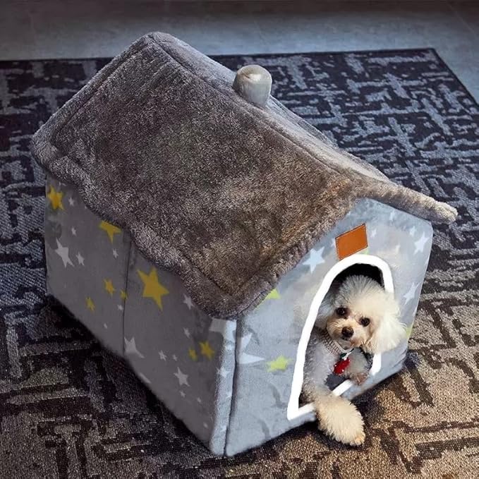Scnbom Dog House Indoor Puppy Cave Cat Nest Kennel Pet Bed Portable Memory Sponge Foldable Houses with Cushion (Grey, L:Size fits 14kg/30lbs (Pets))