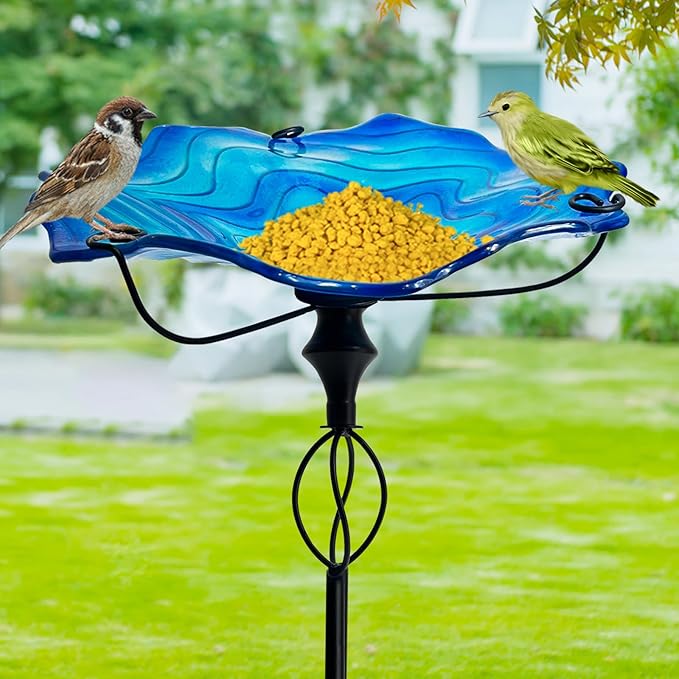 HONGLAND 32 Inch Height Bird Baths for Outdoors, Glass Birdbaths Outdoor Birdfeeder with Metal Stake Garden Yard (Blue)
