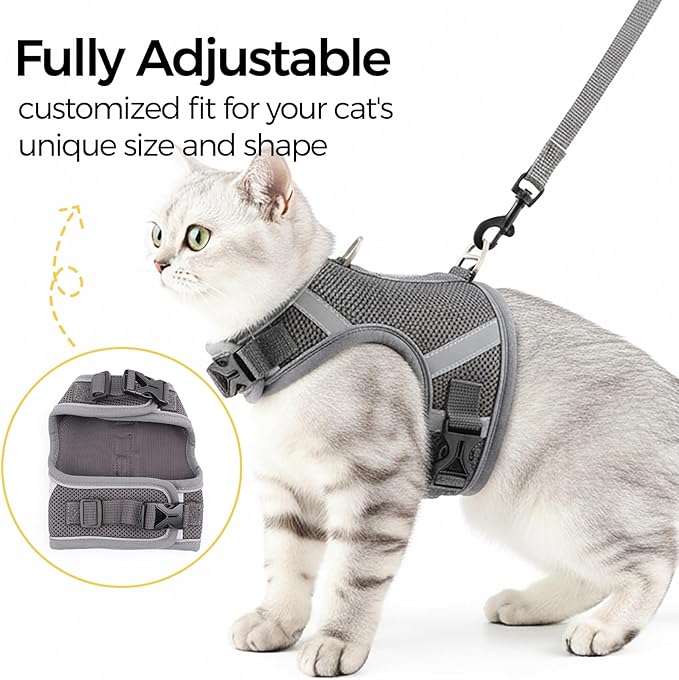Cat Harness and Leash Escape Proof Kitten Harness Cat Leash for Walking Travel Service Cat Vest, Grey, Large