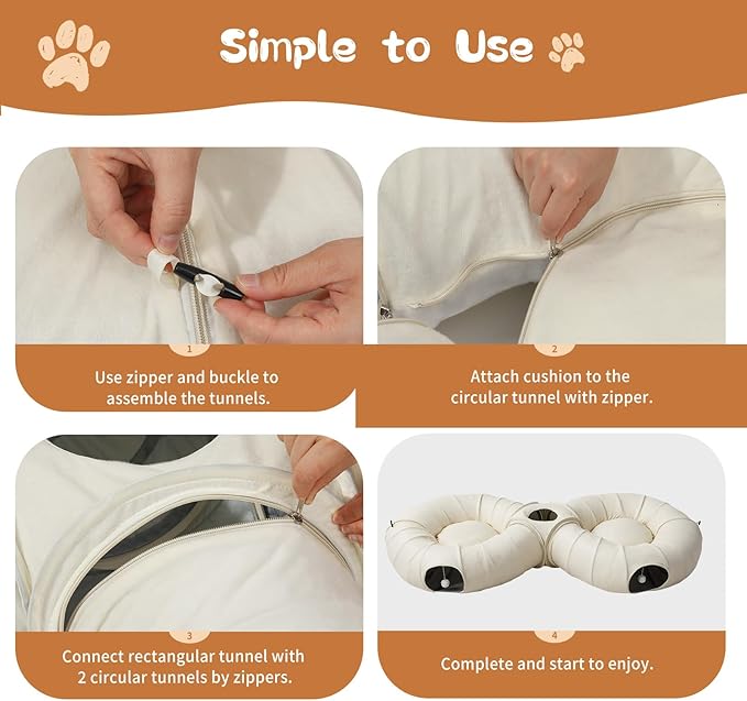 Pawaboo 2-in-1 Cat Tunnel Bed for Indoor Cats, 8-Shaped Large Cat Tunnels with Plush Cushions, Foldable Cats Cave Hideout Kitty Toys with Fluffy Balls, Donut Tunnel for Kitten Rabbit Ferret,Beige