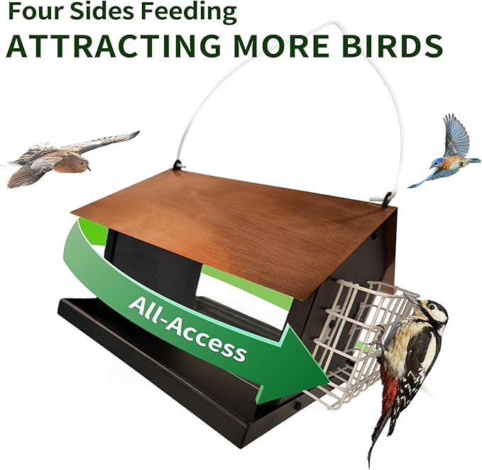 Solution4Patio Brown Roof Outdoors Hanging Bird Feeders, All Metal, Double Suet Cake and Large Capacity, Hopper Tray & Weatherproof for Finch, Cardinal & Chickadee
