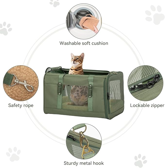 Petsfit 19x12x12 Pet Carrier for Large Cats (up to 20 lbs), Soft-Sided Small Dog Travel Carrier, Upgraded with Patented Buckle and Soft Padding, Ideal for Car Road Trips Green