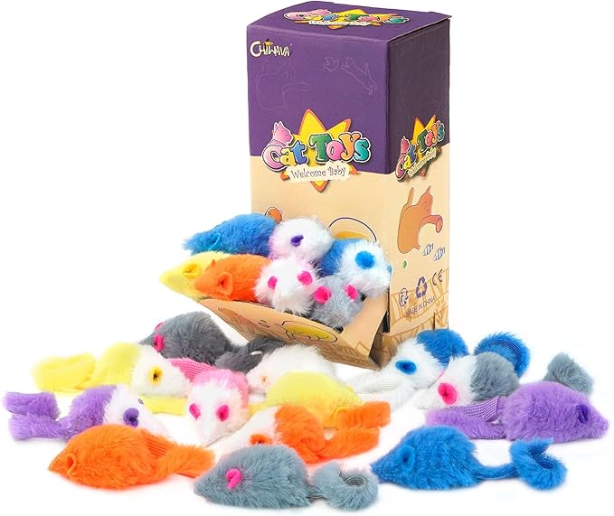 CHIWAVA 36PCS 1.8" Candy Color Furry Mice Cat Toy Rattle Mouse Kitten Interactive Toy Assorted Color