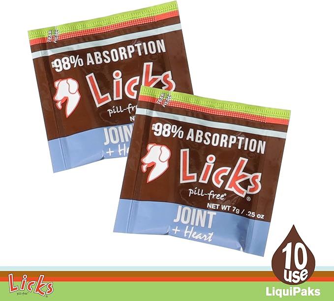 Licks Pill-Free Dog Joint and Heart - Glucosamine & Omega 3 Fish Oil Supplement for Dogs - Inflammation Supplements for Joint Support - Gel Packets - 10 Use