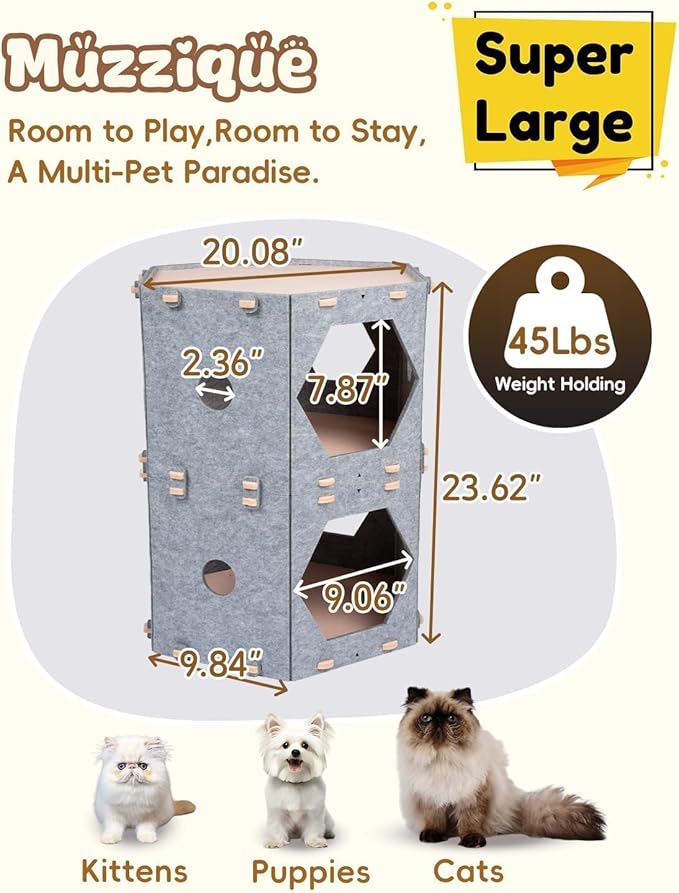 2-Storey Cat Cube, for Indoor Cats&Small Dogs, with Hair Brush, Without Tunnel, DIY Large Expandable Modular Felt Pet House, Stackable Kitten Perch Nest, Peekaboo Kitty Cave, Washable Puppy Condo Bed
