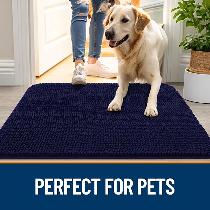 OLANLY Dog Door Mat Set 4-Piece 36x24, Absorbs Moisture and Dirt, Absorbent Non-Slip Washable Doormat, Quick Dry Chenille Mud Mat for Dogs, Entry Indoor Entryway Carpet for Inside Floor, Navy Blue