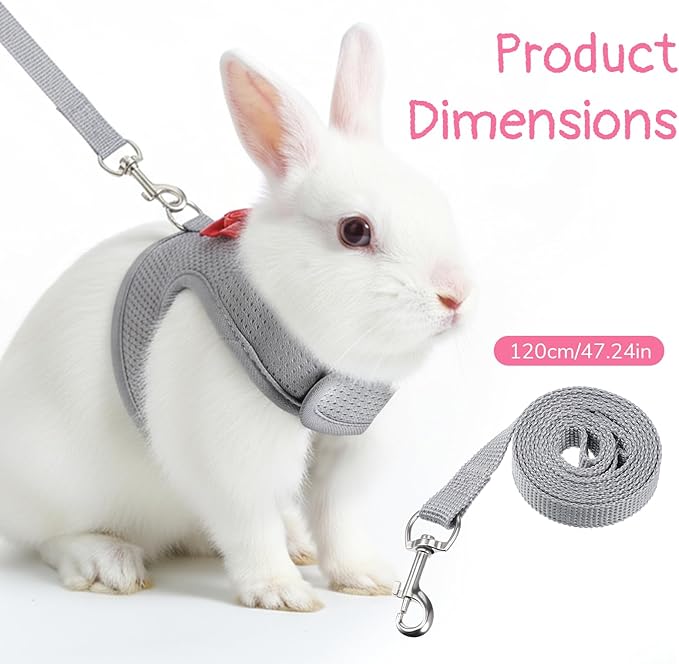 Bunny Harness and Leash Set, Cute Bow Rabbit Vest Soft Breathable Mesh Rabbit Leash and Harness Set Escape Proof Walking Gear for Rabbits, Ferrets, Kittens, Guinea Pigs, Grey M