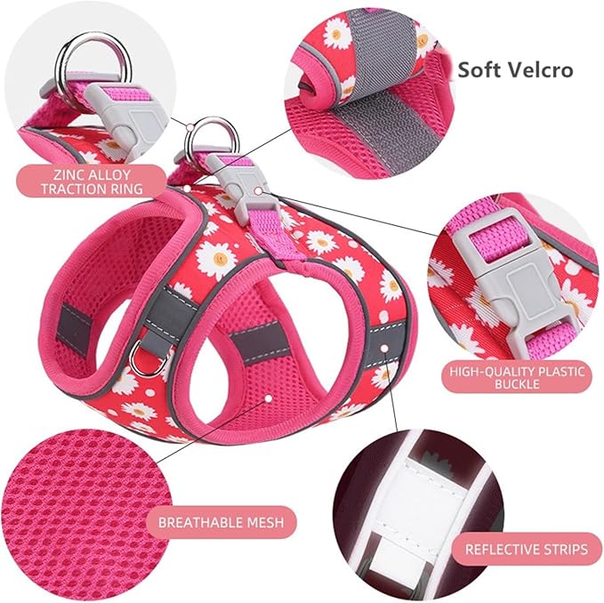 Step in Dog Harness No Pull Flower Adjustable Soft Mesh Padded Reflective Pet Vest Harness and Leash Set for Small Medium Dogs