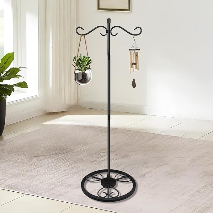 58'' Double Shepherds Hooks for Outdoor, Adjustable Freestanding Shepherds Hook with Base for Wind Chime, Bird Feeder, Lantern for Indoor & Outdoor Garden Patio Home Decor