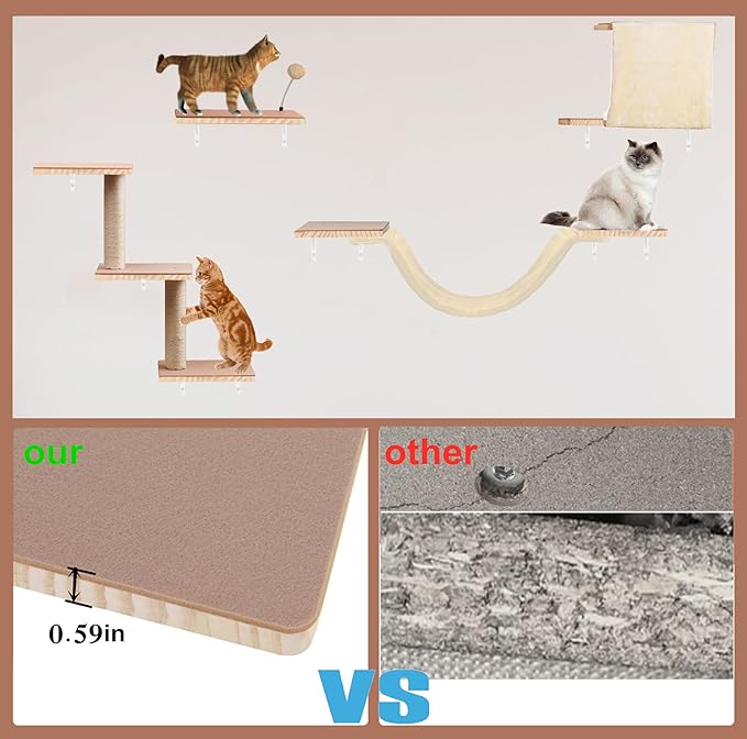 Cat Shelves for Wall，Solid Wood Cat Wall Furniture with Scratching Post,Hammock,Jumping Boards,Steps,Condo and Felt Pads, Suit for Cats Climb, Jump, Nap, Scratch-Beige