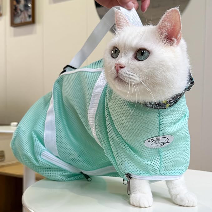 Cinf Cat Bathing Bag(Free Muzzle) Breathable Mesh Anti Scratch Adjustable Cat Grooming Bag for Nail Trimming, Bathing Soft Cat Washing Bag(Mint) L