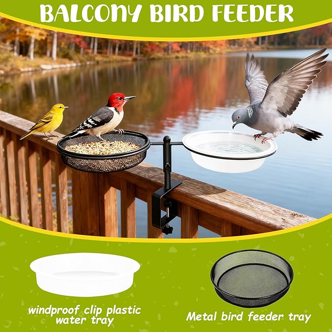 Bird Feeder for Apartment Balcony,Balcony Bird Feeder with Food Tray and Water Bowl,Detachable and Adjustable Heavy Duty Sturdy Steel,Rounded