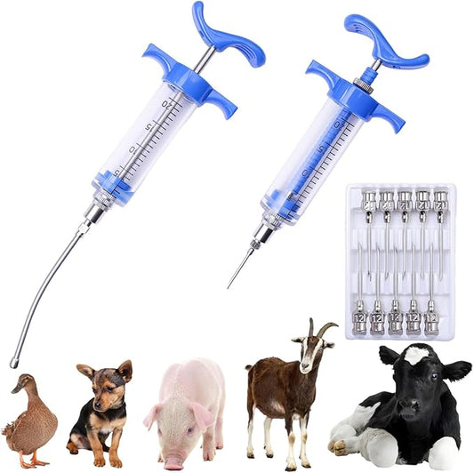2Pcs 20ML Livestock Syringe, Reusable Adjustable Goat Drench Syringe, with 1 Drench Nozzle 10 Needles, Suitable for Chickens, Ducks, Geese, Lambs, Piglets Cub