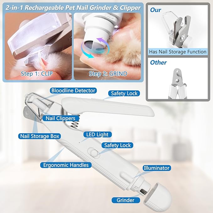 2-in-1 Led Cat Dog Nail Clipper & Nail Grinder with Lights,Rechargeable Pet Nail Trimmers with Nail File,Protective Guard,Quick Sensor,Pet Claw Clippers for Medium Small Dogs Cats Rabbits