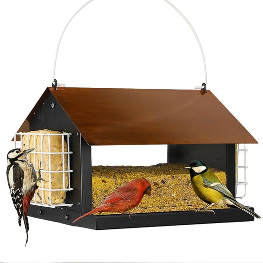Solution4Patio Brown Roof Outdoors Hanging Bird Feeders, All Metal, Double Suet Cake and Large Capacity, Hopper Tray & Weatherproof for Finch, Cardinal & Chickadee
