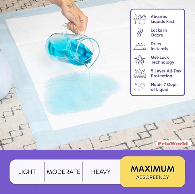 PETSWORLD Mega-Sized Dog Pee Pads (40" x 99") – 4XL Gigantic Pet Piddle Pads for Puppy Training, Incontinence – with Adhesive Sticky Tape – Leak Proof, 5-Layer Protection (160 Count)