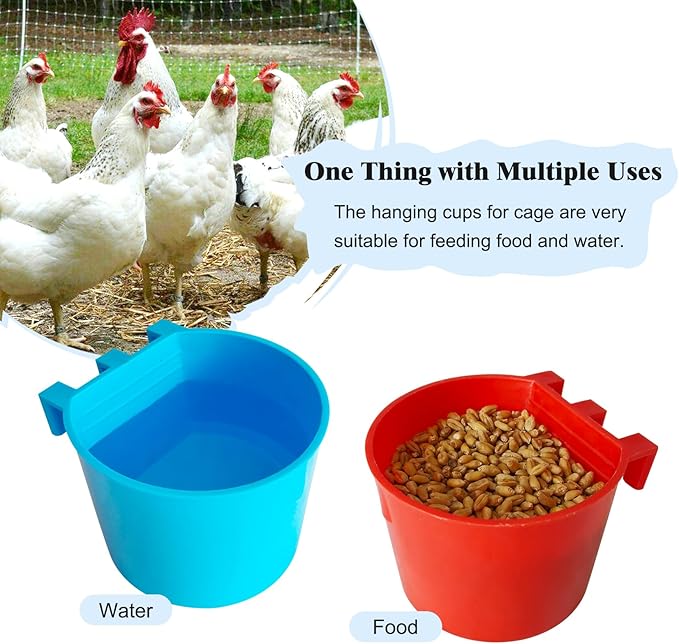 30 Pcs Cage Cups Birds Feeders Bowl Chicken Feeding Watering Dish Hanging Wire Cages Box Coop Cups for Pet Parrot Parakeet Gamefowl Poultry Pigeon and Quail（Blue and Red）